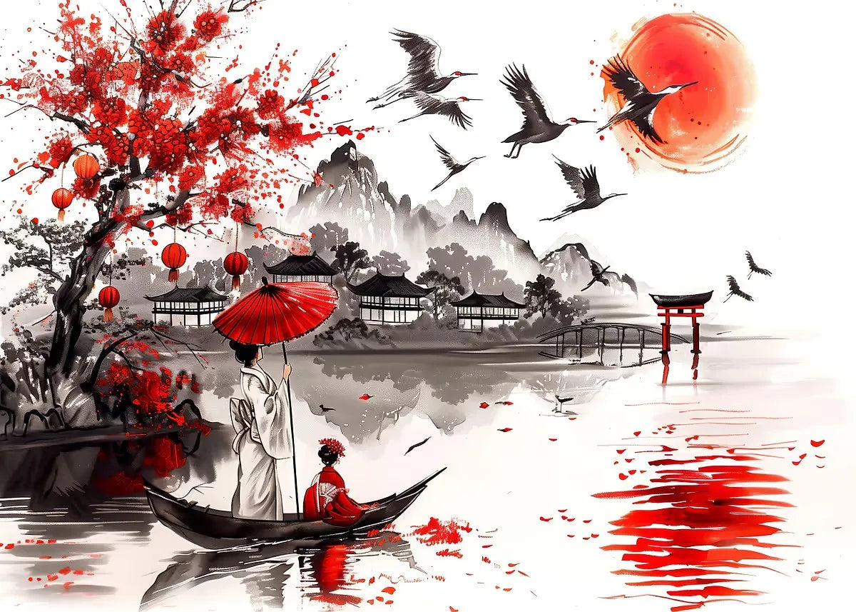 Japanese Landscape Ink Painting Poster Mountain Cherry Blossom Flowers Samurai Dragon Koi Canvas Picture Wall Art Home Decor