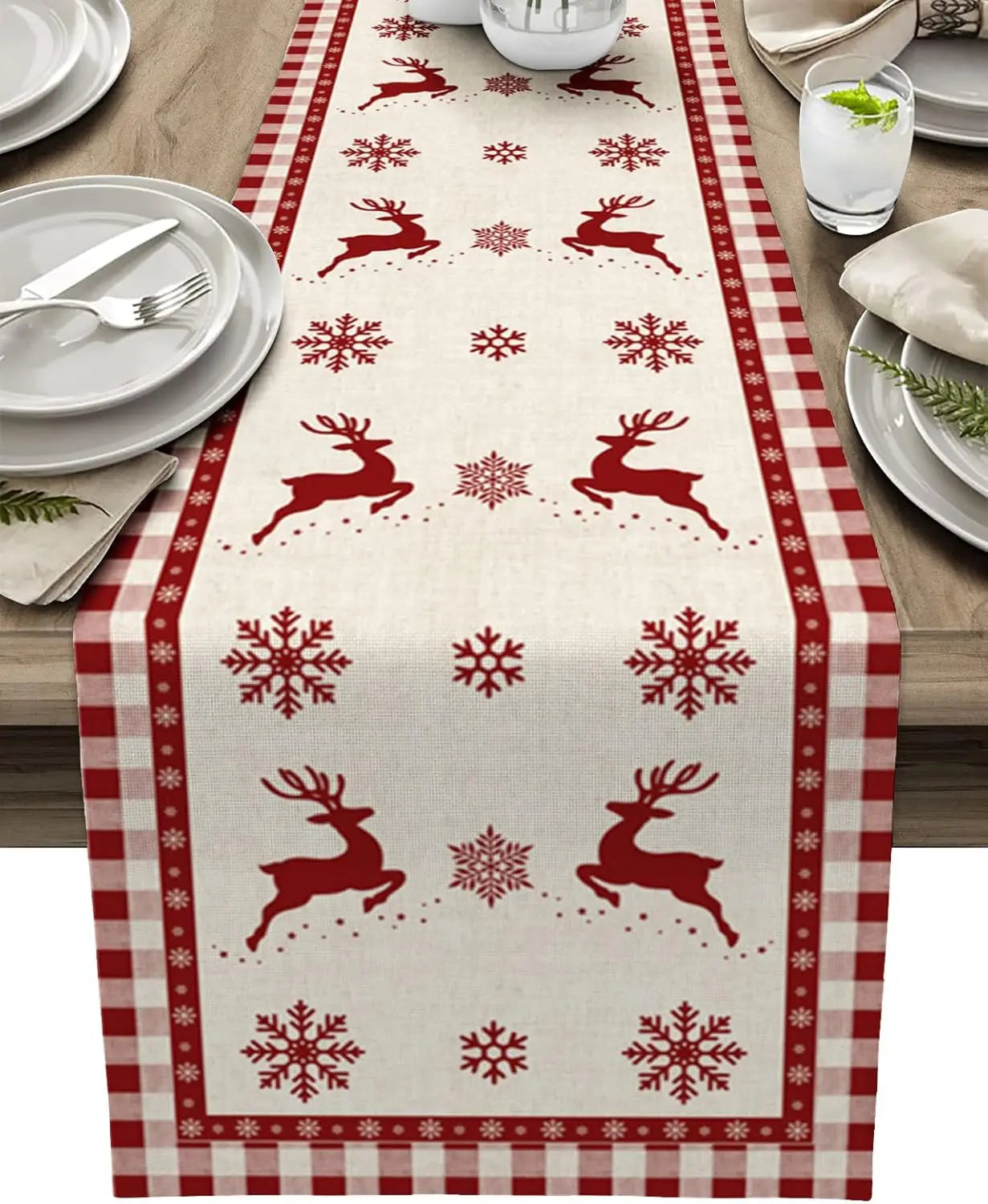 Christmas Elk Deer Snowflake Linen Table Runner Table Decor Winter Xmas Reindeer Plaid Dining Table Runners Christmas Decoration