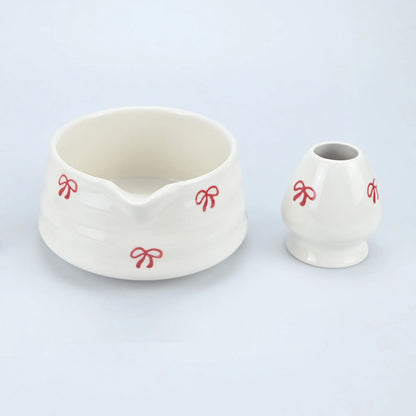 4/5pcs Matcha Whisk Set, Cute Bow Japanese Tea Set includes Whisk Sets and Matcha Bowl with Spout, Traditional Japanese Matcha K