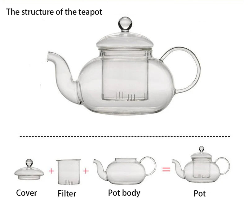 Théière en verre résistant à la chaleur de 1000ml, théière en verre avec infuseur, feuille de thé, cafetière à base de plantes, service à thé, bouteille pratique, tasse à thé à fleurs