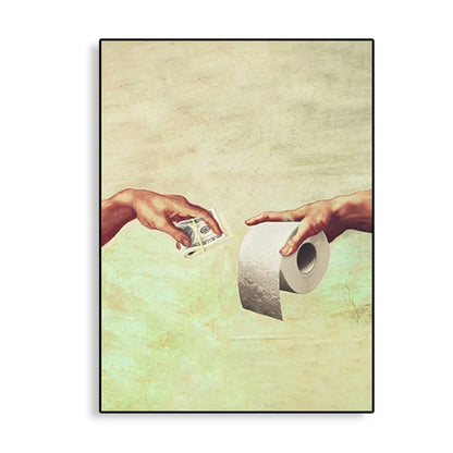 Hand of God and Adam Funny Toilet Paper Wash Room Bathroom Living Wall Art Home Decoration Retro Picture Canvas Painting Poster