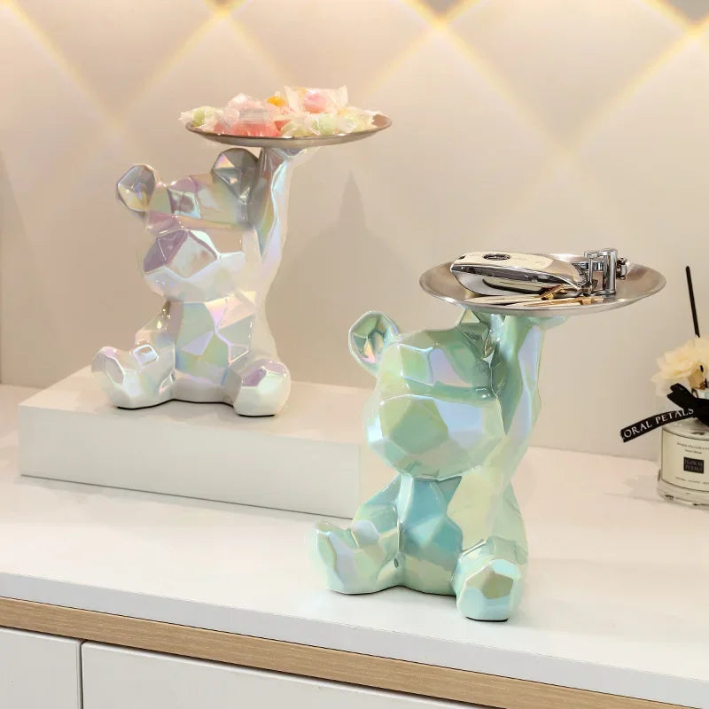 Ceramic Geometric Bear Ornament Coin Bank Home Living Room Desktop Remote Control Key Storage Tray Decorative Statue Gift