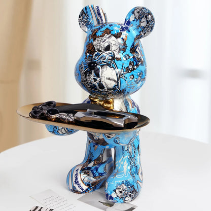 Decorative Statues Home Bear Bulter with Metal Tray Holder Colorful Animal Sculpture Ornaments Interior Table Decoration Key Box