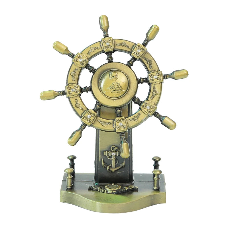 Metal Vintage Ship Wheel Figurine Steering Wheel Helm Model Collectible Souvenir Home Office Decoration Study Ornaments