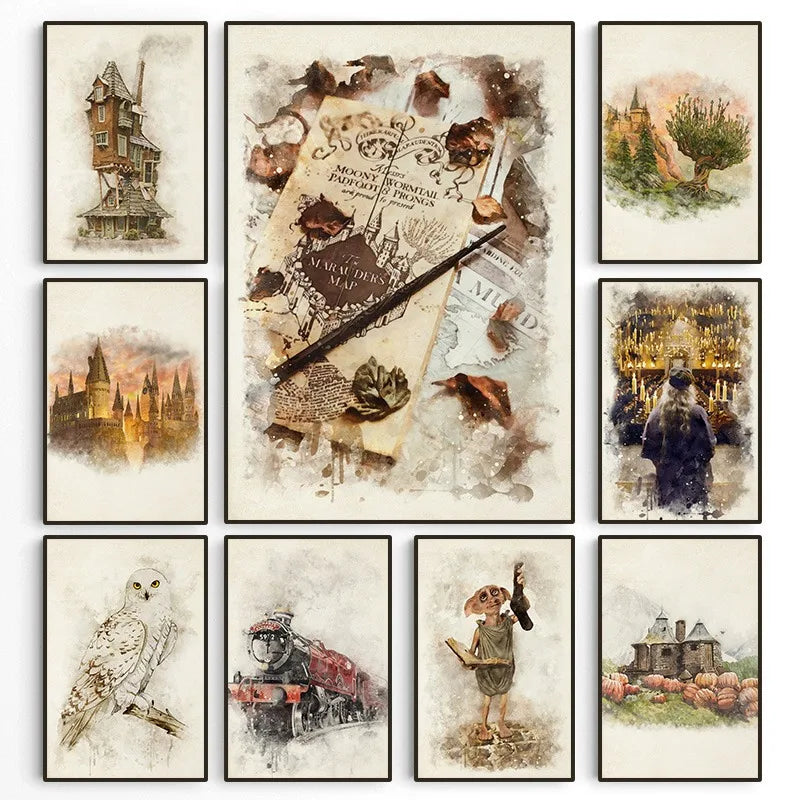 Wizard Inspired H-Hogwarts Poster Owl Magical School Castle Pumpkin House Canvas Painting Nursery Wall Art Kids Room Home Decor