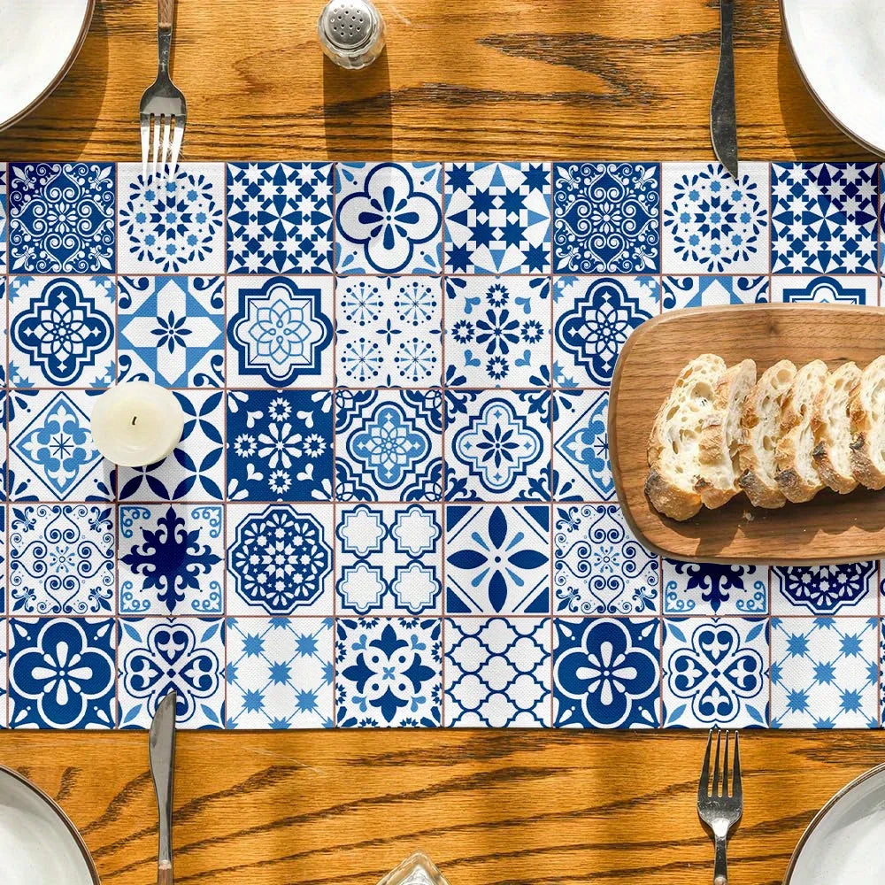 Bohemian Blue White Tile Pattern Linen Table Runner Dresser Scarf Decor Holiday Kitchen Dining Table Runners Home Party Decor