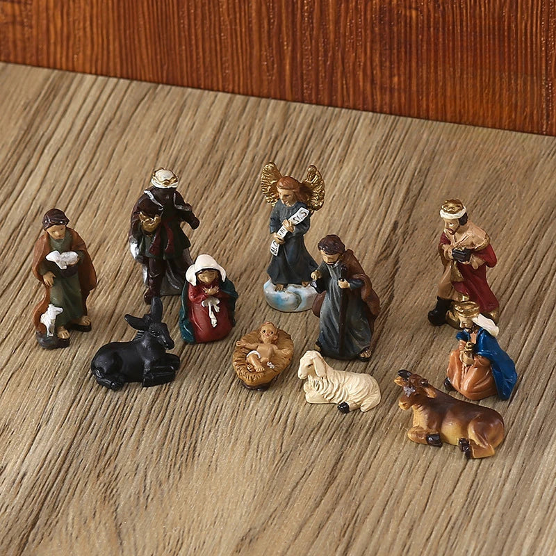 Set mit 11 Krippenfiguren, echtes religiöses Krippenkind, Jesuskind, Heilige Familie, Weihnachtskrippen-Zubehörfiguren
