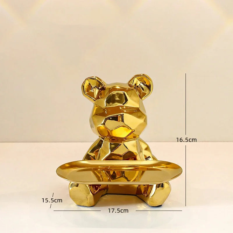 Ceramic Geometric Bear Ornament Coin Bank Home Living Room Desktop Remote Control Key Storage Tray Decorative Statue Gift