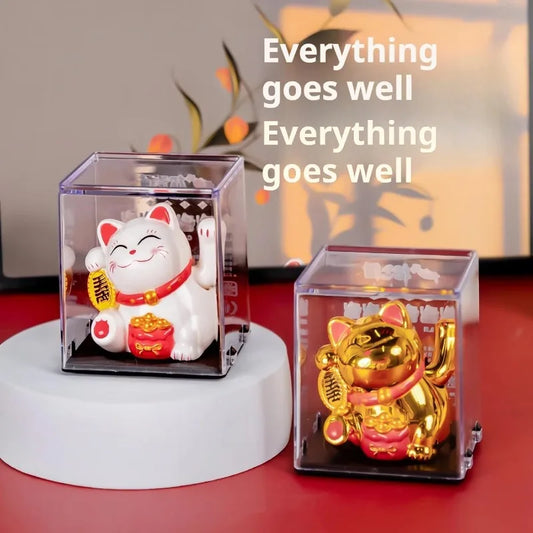 Solar Charging Auspicious Maneki Neko Waving Its Arms. Traditional Chinese Feng Shui Maneki Neko, for Cars Offices  Etc