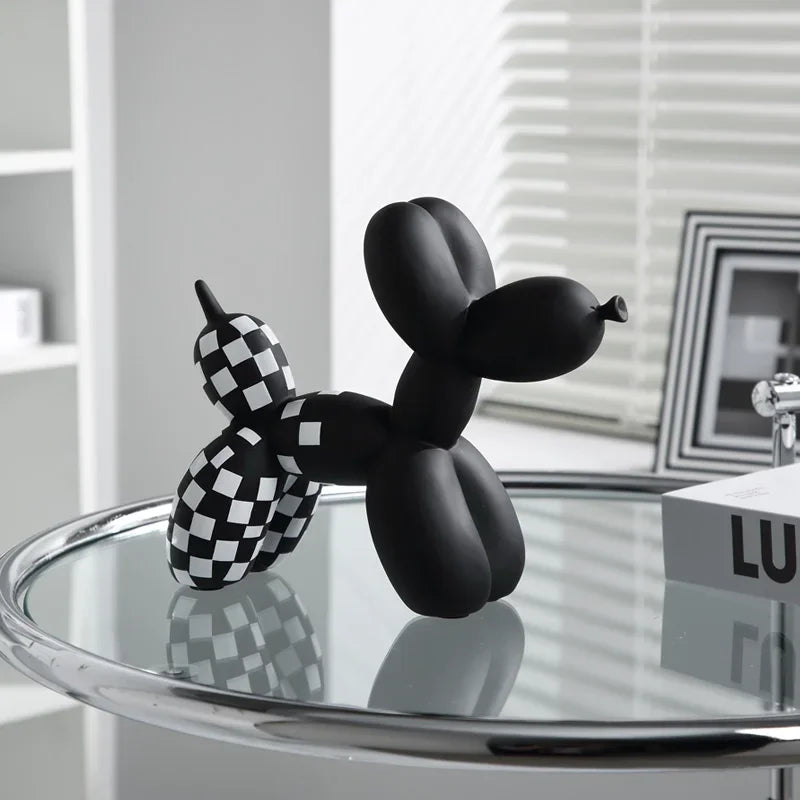 Checkerboard Balloon Dog Sculpture Animal Decoration Figurines Desktop Home Decor Dog Statue Black Abstract Modern Crafts