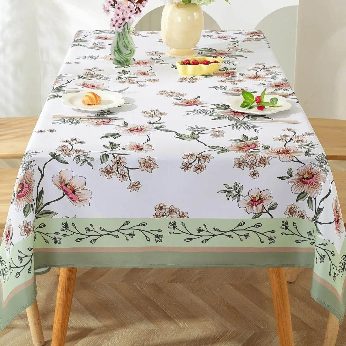 Spring Cherry Blossom Sage Waterproof Tablecloth Wedding Party Decor Washable Rectangle Table Cloth Outdoor Picnic Table Decor