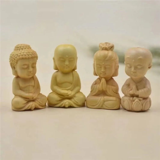 Wood Buddha Statue Chinese Boxwood Carved Avalokitesvara Little Monk Figurines Home Decor Car Ornament