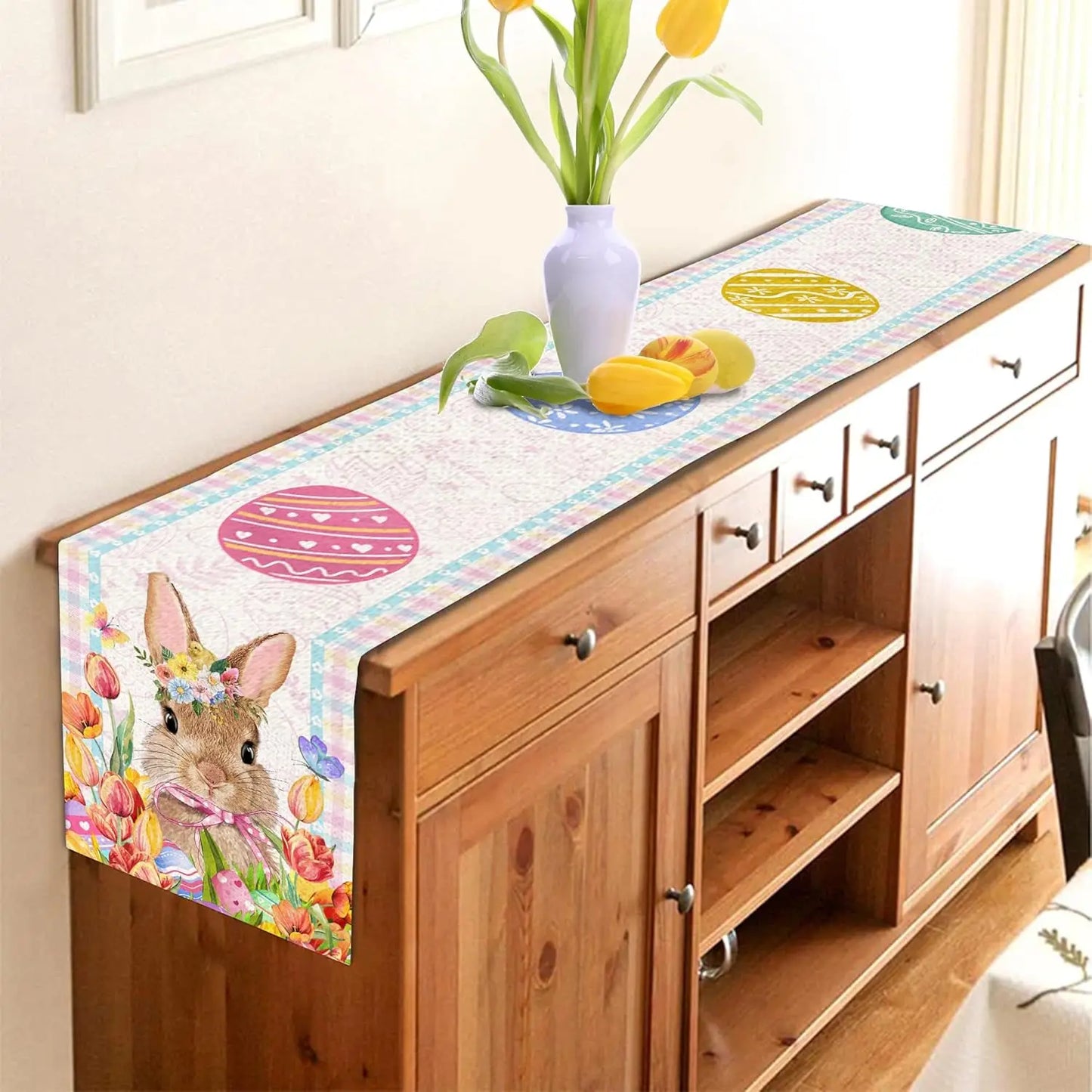 Easter Bunny Eggs Buffalo Plaid Linen Table Runner Table Decor Reusable Kitchen Dining Table Runners for Easter Home Party Decor