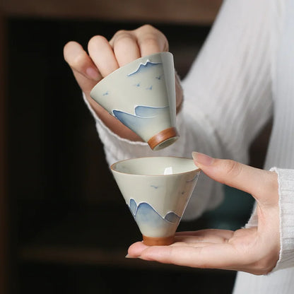 Hand drawn grass gray ceramic underglaze colored mountain and water hat tea cup Kung Fu tea set tea drinking tea single cup