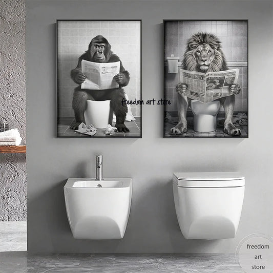 Funny Cute Lion and Gorilla in The Toilet Animal Bathroom Art Poster Canvas Painting Wall Prints Picture Washing Room Home Decor