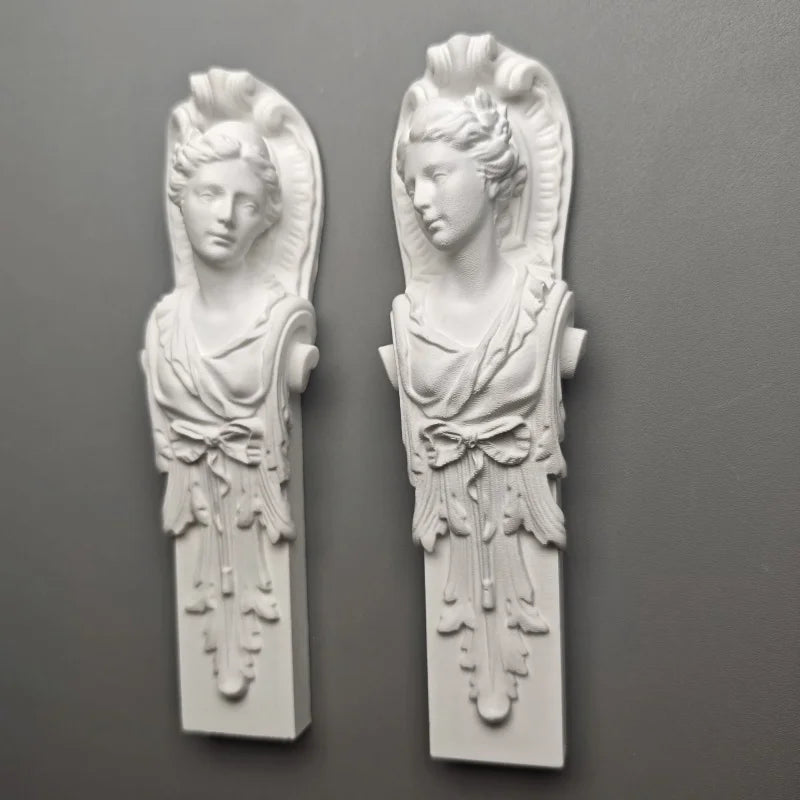 Pair of Classical Maiden Pillar Busts - Plaster Sculptures, Roman-Inspired Shelf Artifacts & Museum-Style Collectible Decor