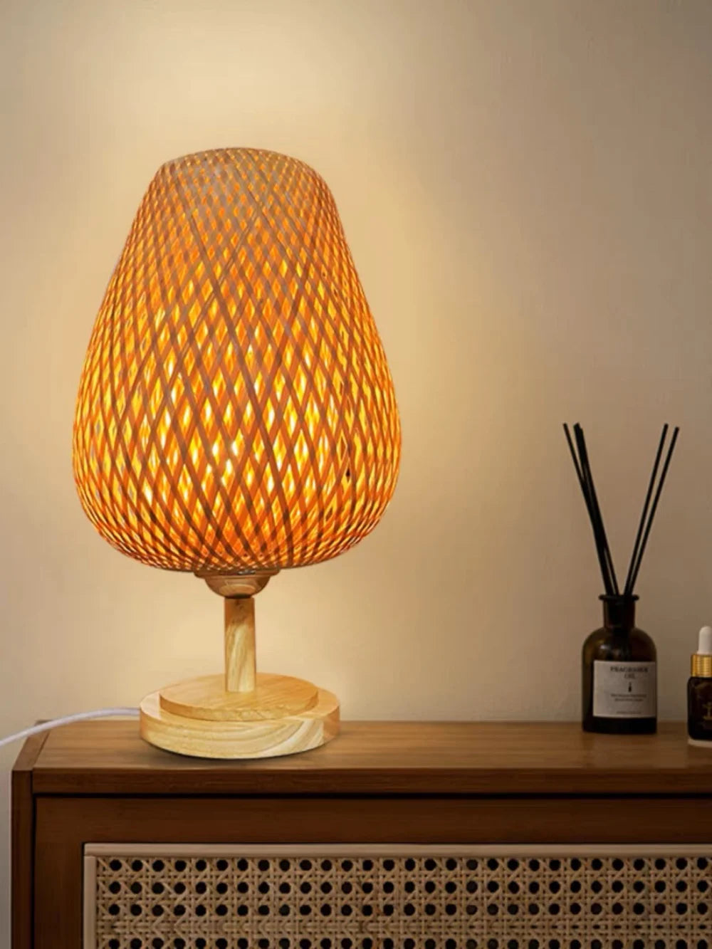 Japanese Table Lamp Bedside Lamp Bedroom Ins Wind Warm Nordic Bamboo Woven Light Warm Night Light Retro Desk Lamp