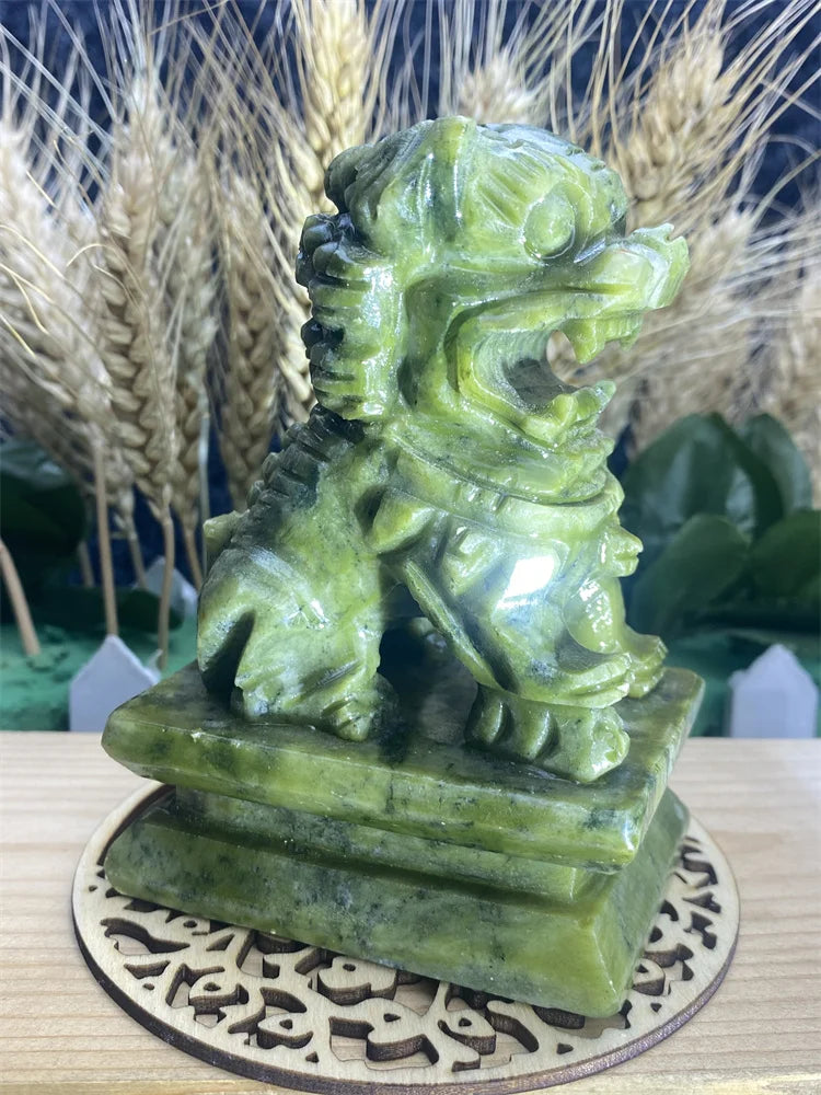 1 Pair of Chinese Mainland Green Jade hand-Carved Objects Aura Feng Shui Gatekeeper Town House Lion Office Decoration Home Decor