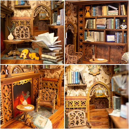 CUTEBEE Wooden Book Nook Dollhouse Kit Miniature Doll House Kits Booknook Bookshelf with Dust Cover Bookends Christmas Gift
