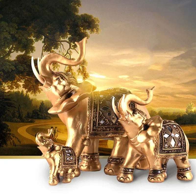 1PC Golden Resin Elephant Statue Feng Shui Elegant Elephant Trunk Sculpture Lucky Wealth Figurine Crafts Ornaments Home Decor