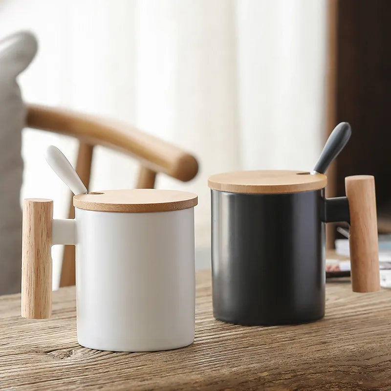Simple Style Wooden Handle Mug Creative Ceramic Cup with Lid and Spoon Coffee Milk Container Kitchen Drinking Utensils