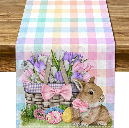 Easter Bunny Eggs Tulip Colorful Plaid Linen Table Runners Holiday Party Decor Spring Flowers Table Runners Dining Table Decor