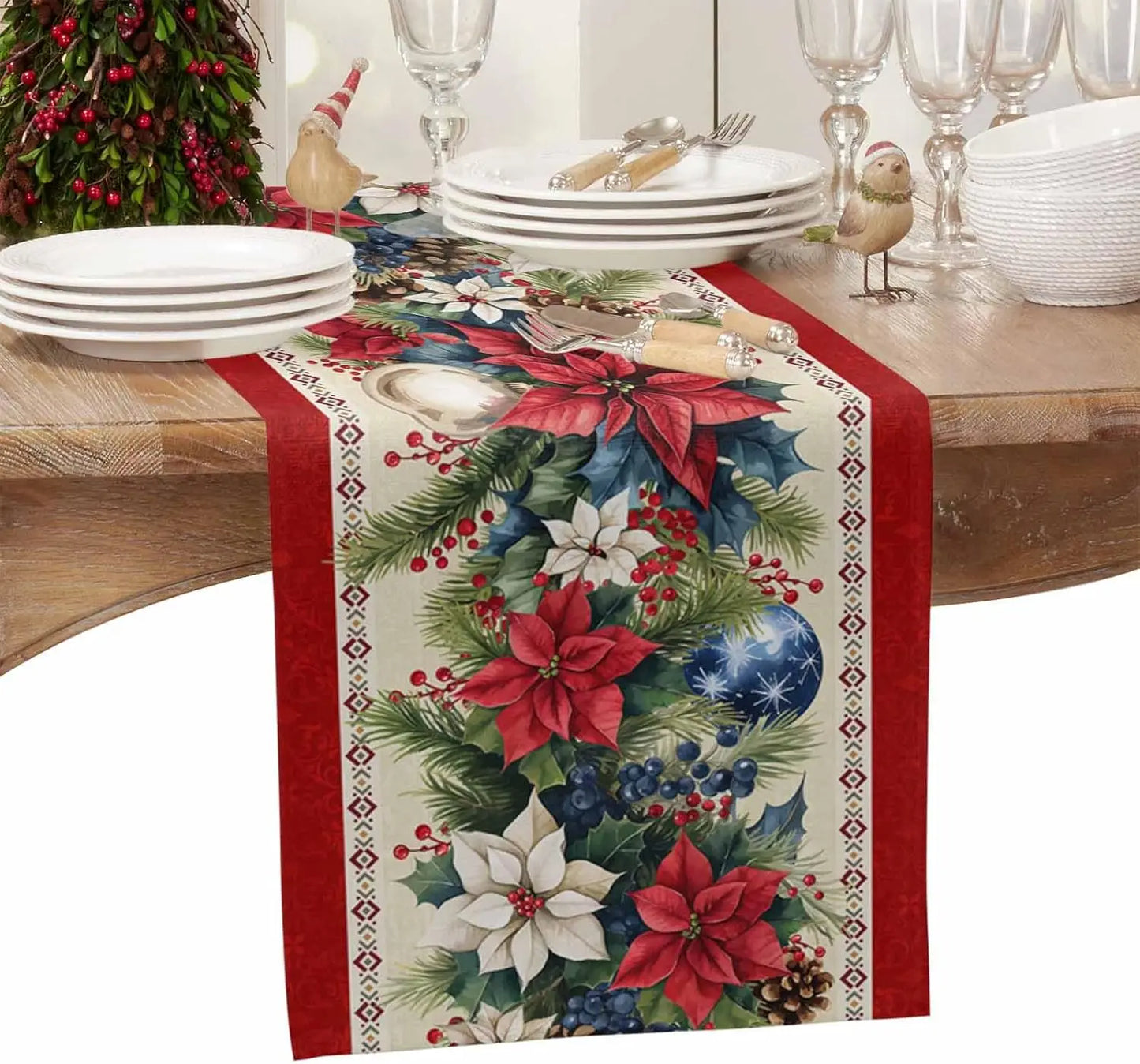Christmas Poinsettia Flower Blue Balls Linen Table Runner Party Decor Winter Xmas Botanical Table Runners Christmas Decorations