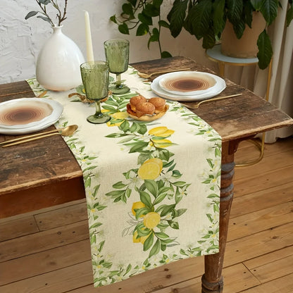 Spring Lemon Flowers Leaf Linen Table Runner Holiday wedding Party Decor Seasonal Summer Floral Plants Table Runners Table Decor