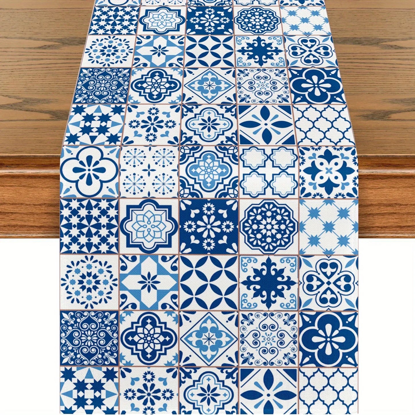 Bohemian Blue White Tile Pattern Linen Table Runner Dresser Scarf Decor Holiday Kitchen Dining Table Runners Home Party Decor