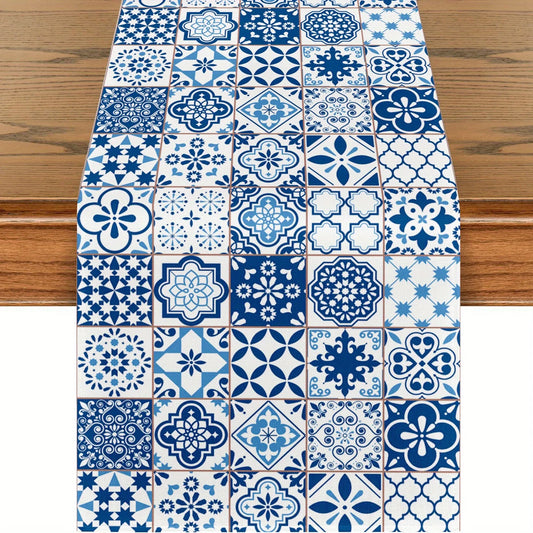 Bohemian Blue White Tile Pattern Linen Table Runner Dresser Scarf Decor Holiday Kitchen Dining Table Runners Home Party Decor