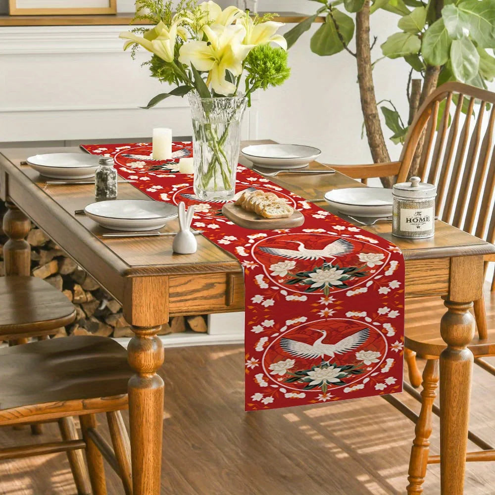 Flower Crane Ethnic Pattern Chinese Style Linen Table Runner Party Decor Happy New Year Spring Festival Table Runner Table Decor