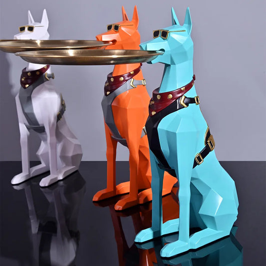 Doberman Pinscher Resin Dog Sculpture Butler with Metal Tray Craft Ornament Decor Art Animal Figurines Decorative Home Decor