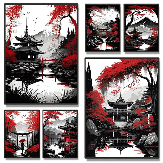 Japanese Natural Scenery Poster Prints Abstract Red Tree And Pavilion Landscape Canvas Painting Wall Art For Living Room Decor