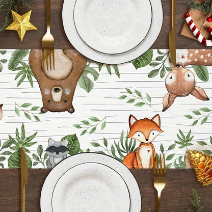 Woodland Animals Linen Table Runner Birthday Party Decor Forest Bear Fox Deer Green Leaves Table Runners Dining Table Home Decor