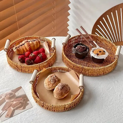 1/3 Piece Hand Woven Imitation Rattan Round Storage Tray Wooden Vintage Imitation Rattan Fruit Basket Snack Tray Storage Tray