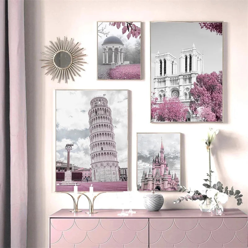Paris Flower France City Building Posters and Prints Castle Pink and Black Wall Art Nordic Canvas Painting Pictures Room Decor