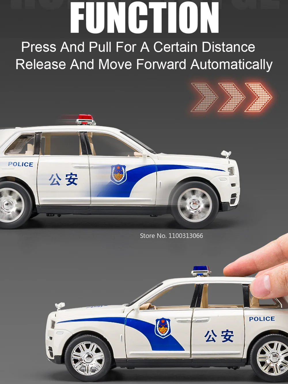 1:24 Scale Rolls-Royce Cullinan Police Cars Models Toys With Light Sound Wheel Pull Back Off-road Vehicles Boys Festival Gifts