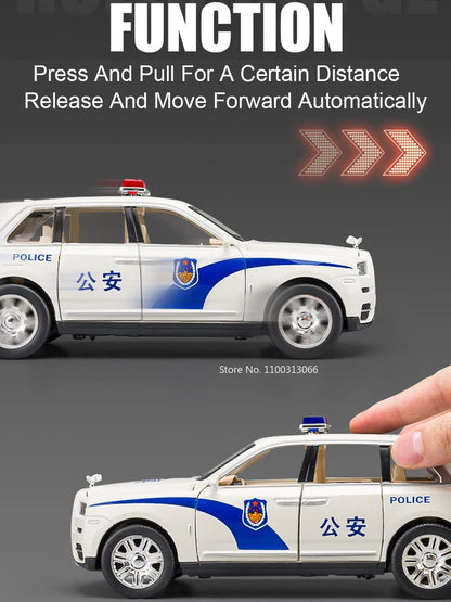 1:24 Scale Rolls-Royce Cullinan Police Cars Models Toys With Light Sound Wheel Pull Back Off-road Vehicles Boys Festival Gifts
