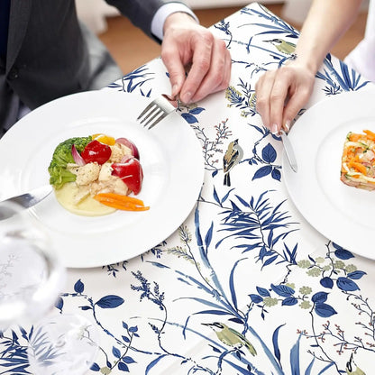 Retro Blue Bird Flowers Waterproof Tablecloth Holiday Party Decor Navy Blue Floral Leaf Rectangle Table Cloth Dining Table Decor