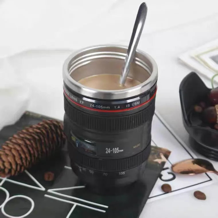 Tasse à café avec objectif d'appareil Photo de 380ml, avec couvercle, en acier inoxydable, tasse à café Photo créative, cadeau de noël pour les amateurs de photographes et de voyages