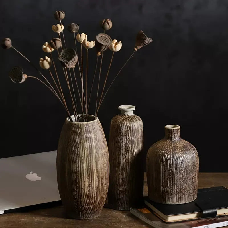 Vase en céramique petit vase vintage arrangements de fleurs séchées ornements décoratifs salon chinois pot de poterie brute hydroponique