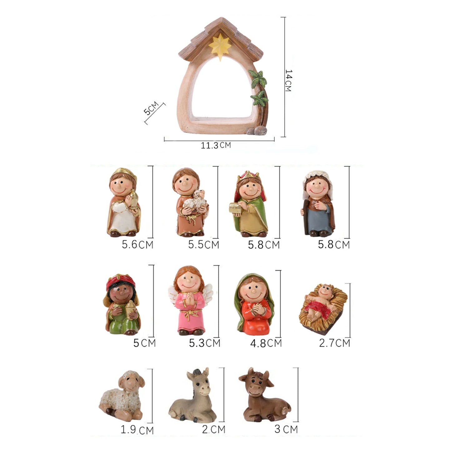 12Pcs Christmas Nativity Figurines with Light Resin Holy Family Birth of Jesus for Christmas Tabletop Church Shelf Chapel