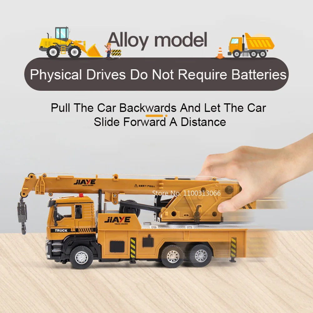 1/50 Scale Alloy Diecast Crane Cars Models Toy with Light and Music Wheel Pull Back Engineering Vehicles Boys Educational Toys