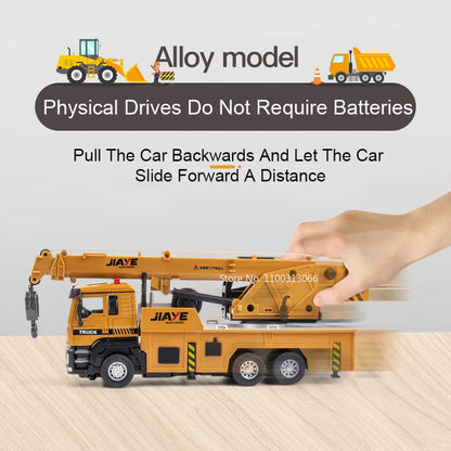 1/50 Scale Alloy Diecast Crane Cars Models Toy with Light and Music Wheel Pull Back Engineering Vehicles Boys Educational Toys