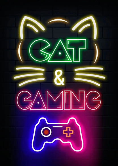 Nordic Neon Cat and Gaming Controller Quotes HD Posters Canvas Painting for Wall Art Mural Gamer Boys Girls Room Decor No Lights