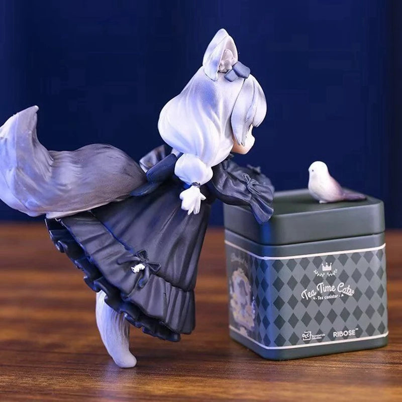 12CM thé fête chat Anime Figure Kawaii Lolita chat fille gris oreille théière Action Statue PVC figurine modèle série poupée jouets