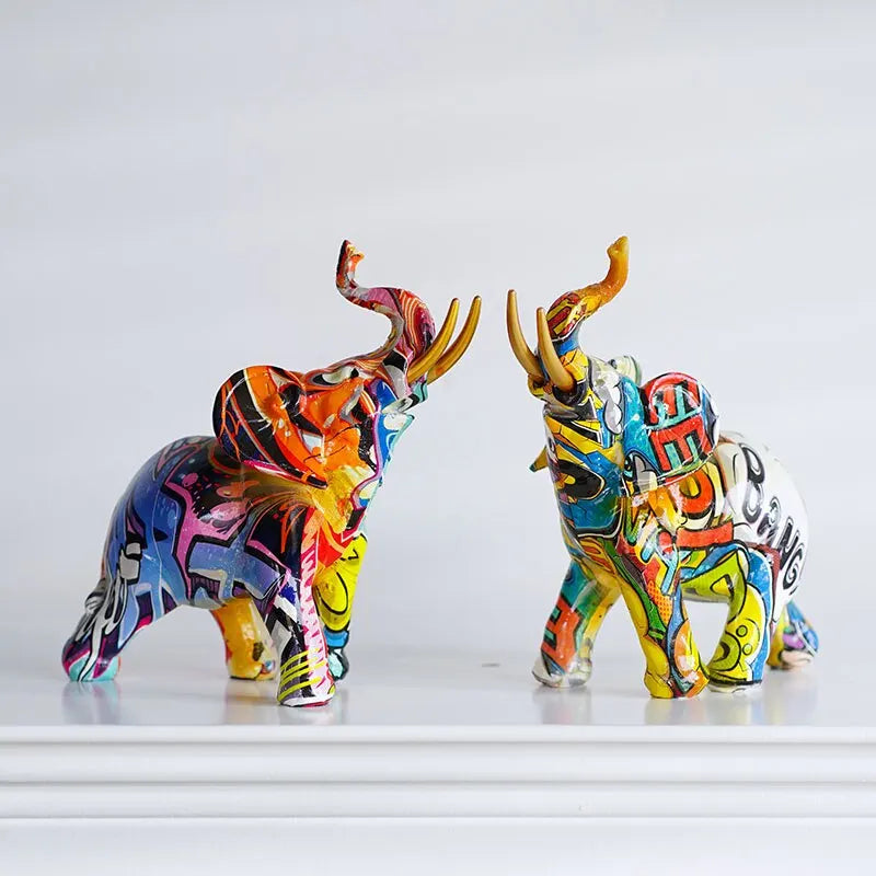 Figurines d'éléphant imprimées par transfert coloré en résine, ornements d'art moderne, animaux Feng Shui, accessoires de décoration intérieure de maison et de bureau