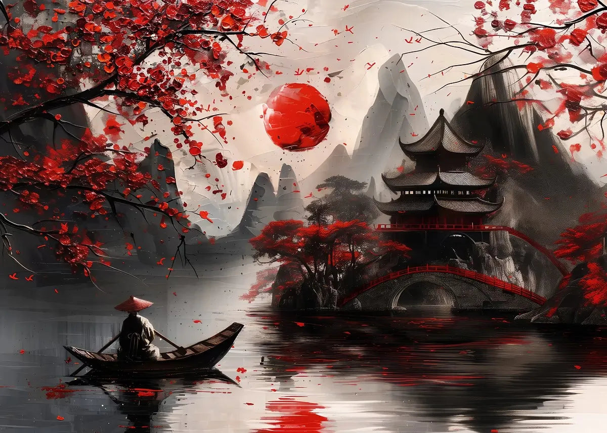 Japanese Landscape Ink Painting Poster Mountain Cherry Blossom Flowers Samurai Dragon Koi Canvas Picture Wall Art Home Decor