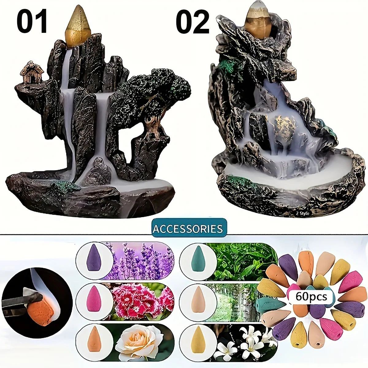 1pc Mountains River Waterfall Reflux Incense Burner Fountain Backflow Aroma Smoke Censer Holder Home Crafts +60 Incense Cones