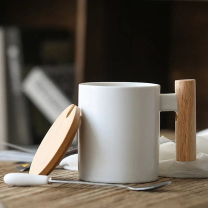 Simple Style Wooden Handle Mug Creative Ceramic Cup with Lid and Spoon Coffee Milk Container Kitchen Drinking Utensils